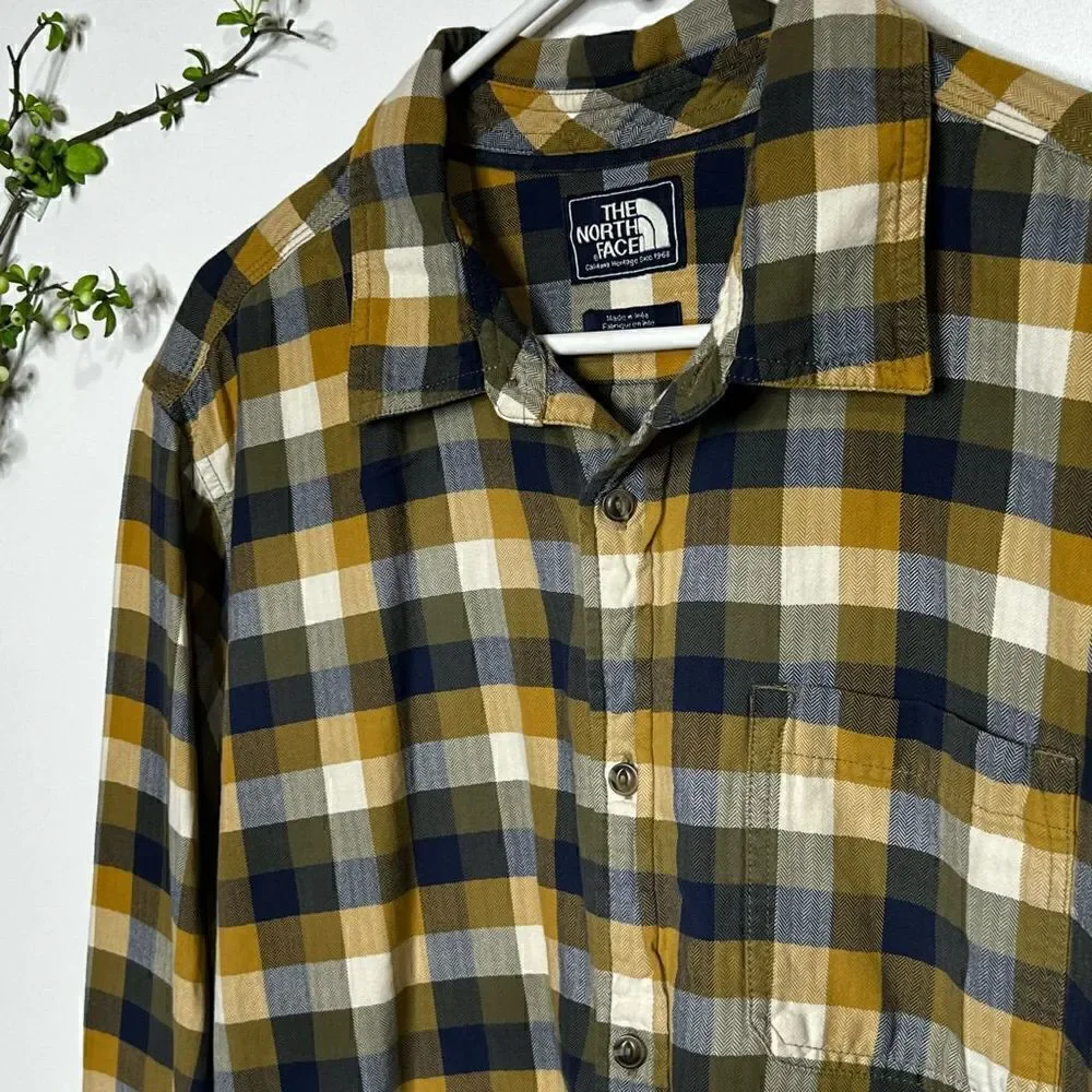 The North Face Blue Brown Mustard Cream Plaid Cotton Button Down Shirt
